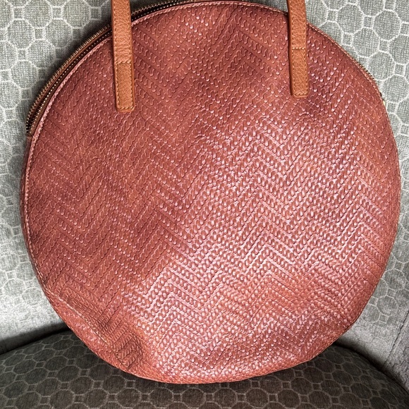 Anthropologie Round Tan Woven Shoukder Tote Bag - Picture 4 of 10
